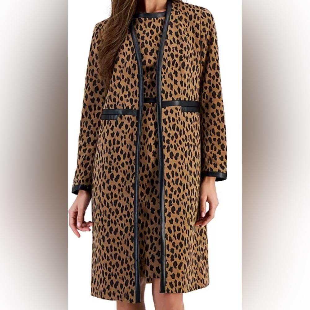 Kasper Animal-Print Faux-Leather-Trim Open-Front Jacquard Jacket Sz 16 - Picture 1 of 5
